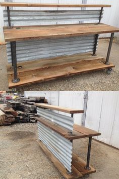 two shelves made out of metal and wood are shown side - by - side in different angles