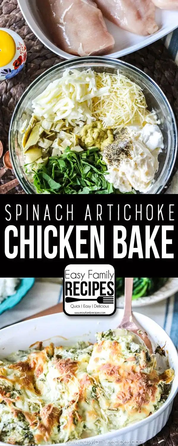 spinach artichoke chicken bake in a casserole dish with text overlay