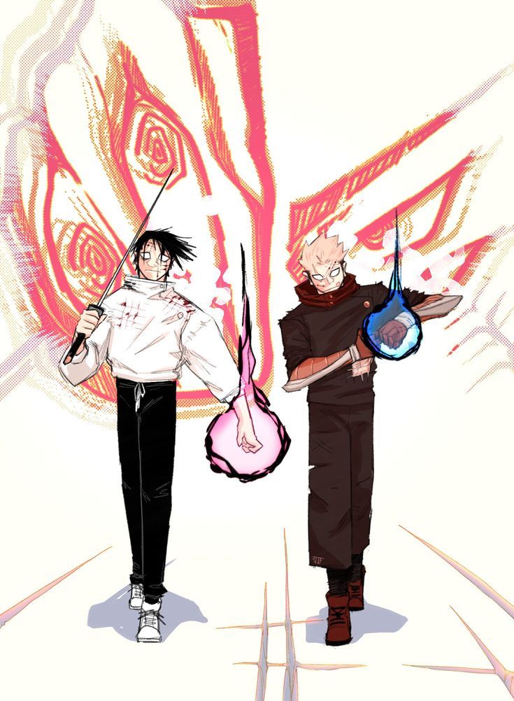 two anime characters standing next to each other with scissors in their hands and one holding an object