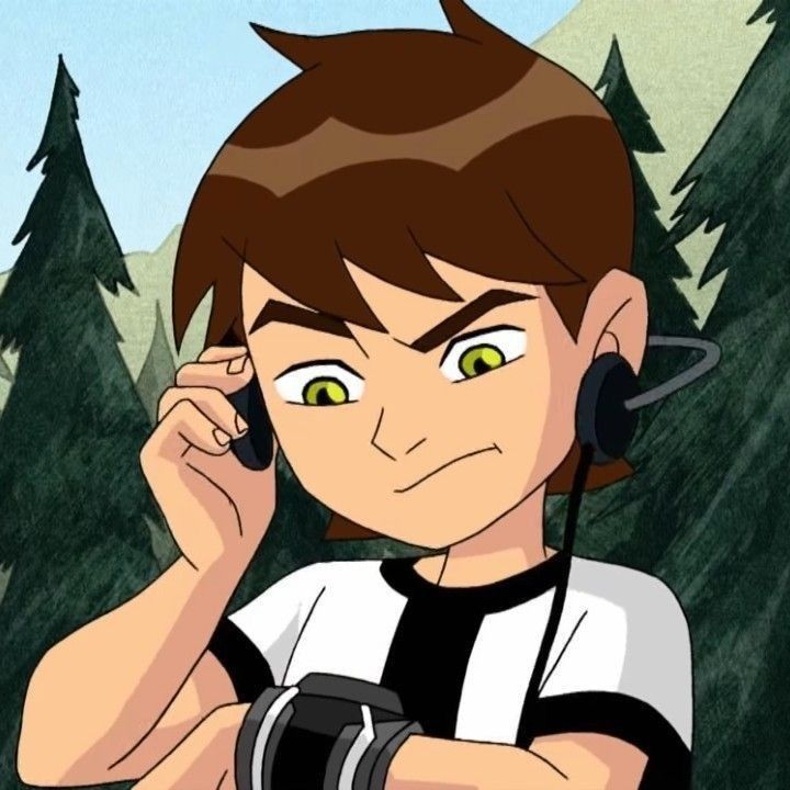 a cartoon character holding a cell phone to his ear and wearing a headset with trees in the background