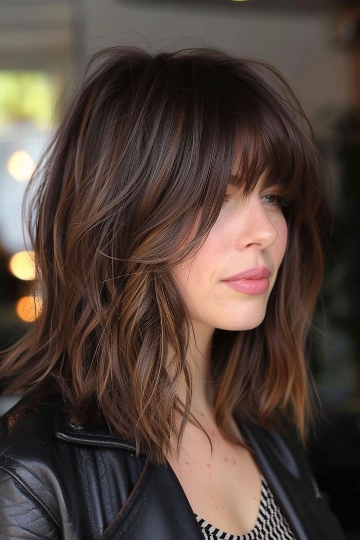 63 Best Medium-Length Hair with Bangs for 2025 Lucy Hale Short Hair Bangs, Mid Length Bangs Haircut, Dark Brown Hair Bangs Mid Length, Long Bob With Face Framing Bangs, Long Swept Bangs, Dark Medium Length Hair With Bangs, Brunette Bangs Highlights, Balayage Hair With Bangs Mid Length, Shag Haircut Glasses