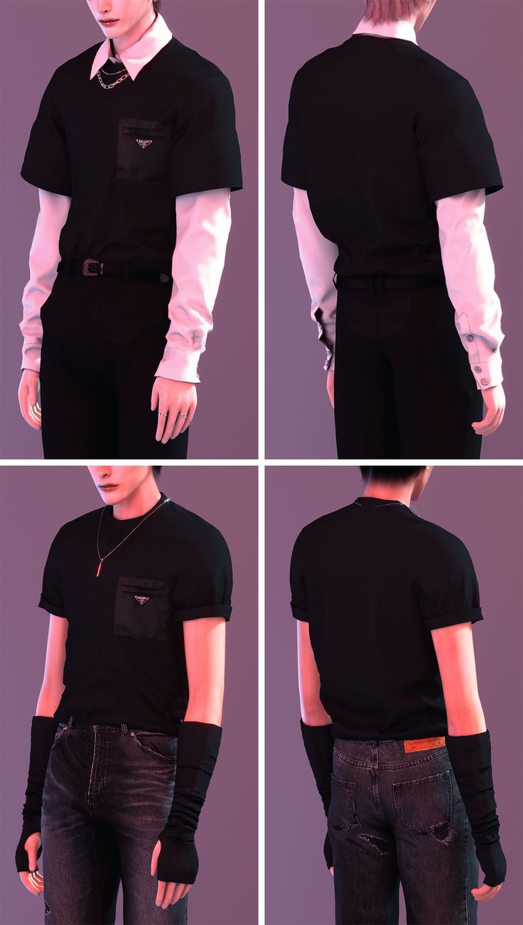 four different shots of a man in black shirt and jeans with his hands on his hips