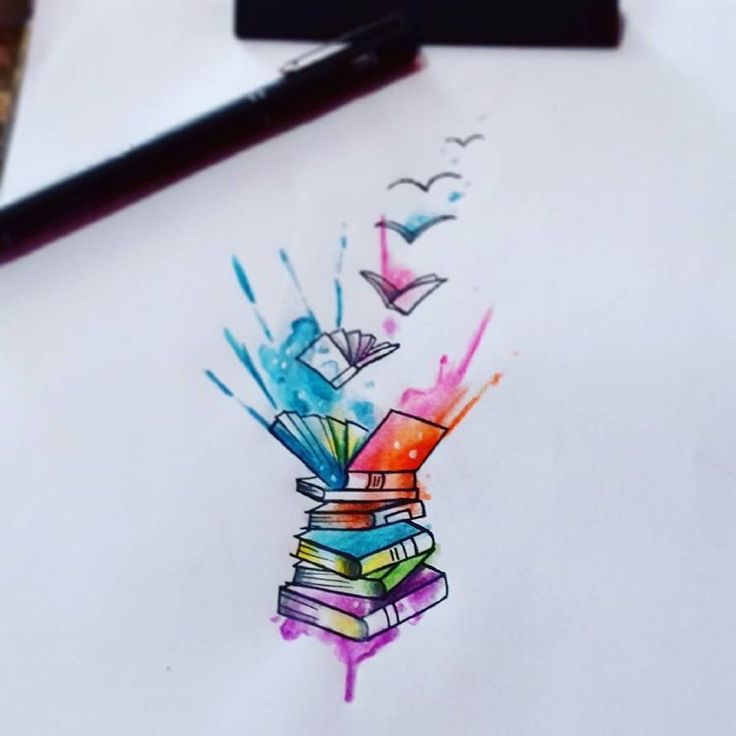 a drawing of a stack of books with birds flying around it on top of paper