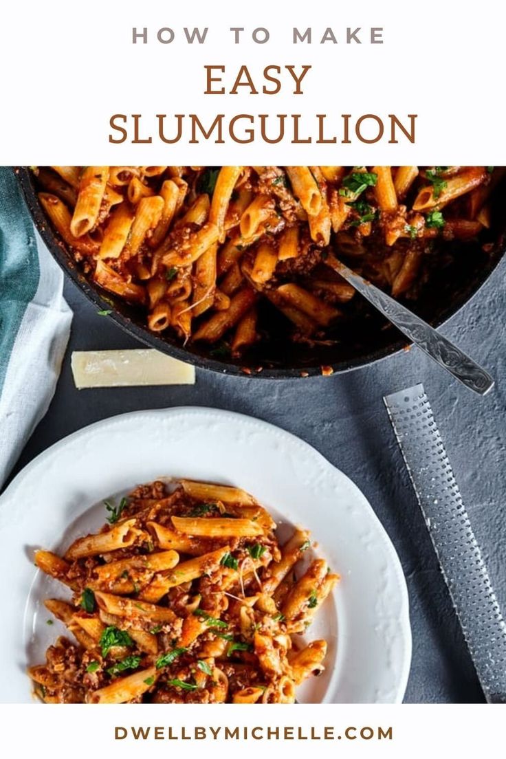 a skillet filled with pasta and sauce on top of a white plate next to a blue towel