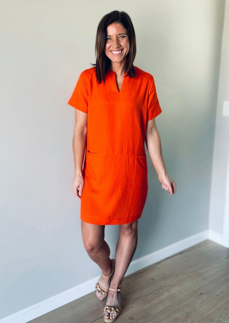 Cute Women's Dresses for Work - Orange Shift Dress Short One Piece Dress, A Line Shift Dress, Linen Casual Dress, Shift Dress Styles, Short One Piece, Work Fits, Linen Casual, One Piece Dress, Jean Leggings