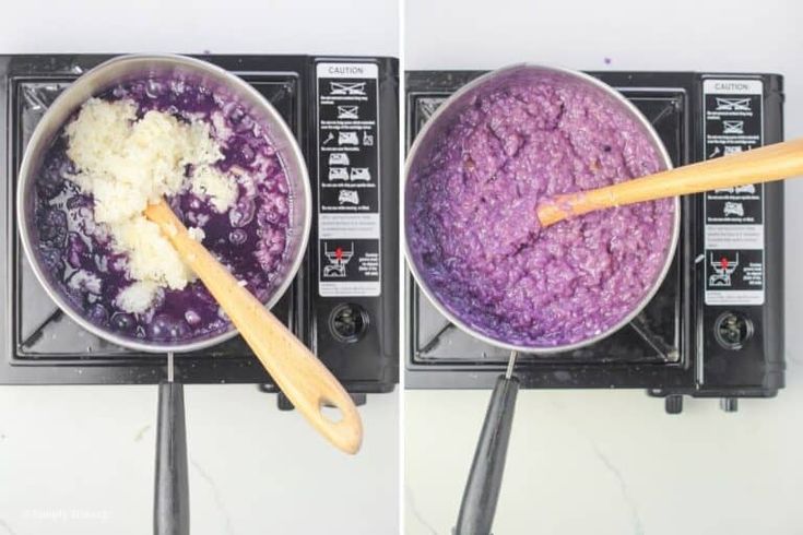 two pictures showing how to cook purple rice in a pot on an electric stove top