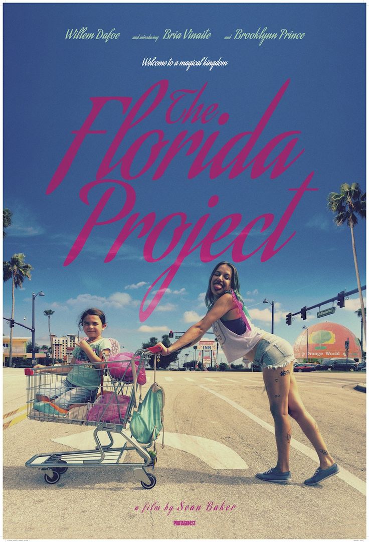 the florida project movie poster with two girls pushing a shopping cart