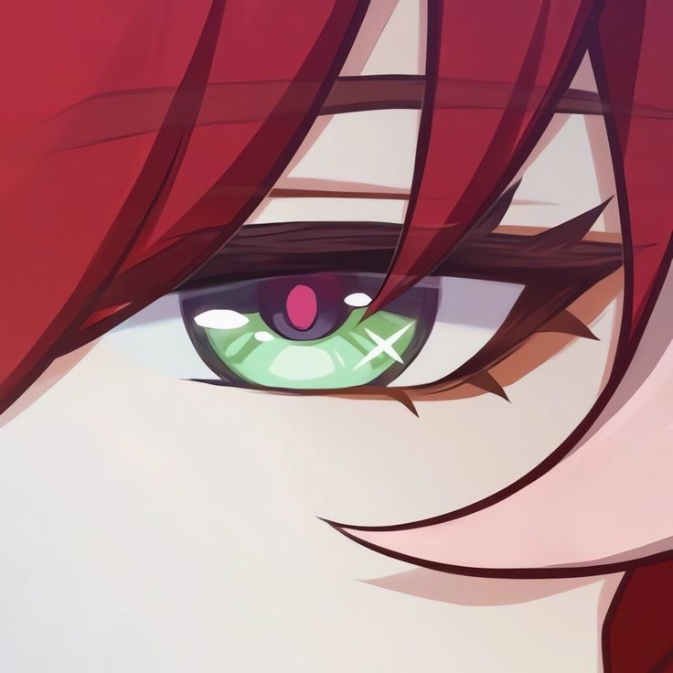 an anime character's eye with red hair and green eyeshade, looking at the camera