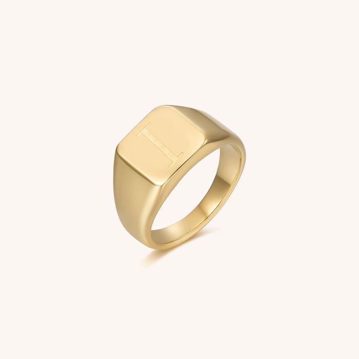 This vintage style signet ring is bold elegance. Perfect for making a chic statement! Made in shiny 14K gold or 925 silver with a script letter inscribed on a round or square ring.    MATERIALS 14K Gold or 925 Silver plated Stainless steel base metal  100% Nickel Free Hypoallergenic Comes with a Victoria Emerson pouch for perfect storage! SIZE 4-8 Gold Signet Ring With Initials For Everyday, Everyday Gold Signet Ring With Initials, Classic Gold Initial Ring For Everyday, Everyday Gold Signet Ring, Gold Timeless Signet Ring With Initials, Timeless Gold Signet Ring With Initials, Modern Gold Engraved Initial Ring, Modern Engraved Gold Initial Ring, Classic Rectangular Signet Ring With Initials