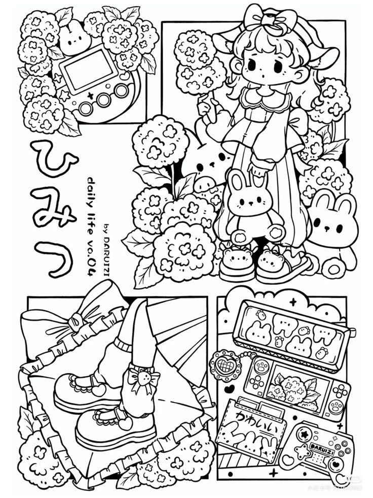 a coloring page with many different things to color on it, including flowers and animals