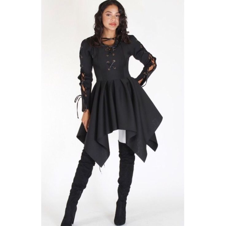 Black Asymmetrical Long Sleeve Dress/Top. Detailed Neckline Back Zipper Asymmetrical Hem Black Color Small (2/4) Medium (6/8) Large (10/12) Measurements Small: Bust : 16 Across ( Stretchy) Hips : Flair Medium Bust : 17 Across ( Stretchy) Hips : ( Free) Large Bust Is 18 Across Edgy Fitted Asymmetrical Mini Dress, Edgy Asymmetrical Fitted Mini Dress, Edgy Black Dress For Fall, Edgy Black Fall Dress, Black Fitted Asymmetrical Dress For Spring, Black Asymmetrical Hem Midi Dress For Fall, Fitted Black Dress With Asymmetrical Hem, Black Fitted Dress With Asymmetrical Hem, Chic Fall Dress With Asymmetrical Skirt