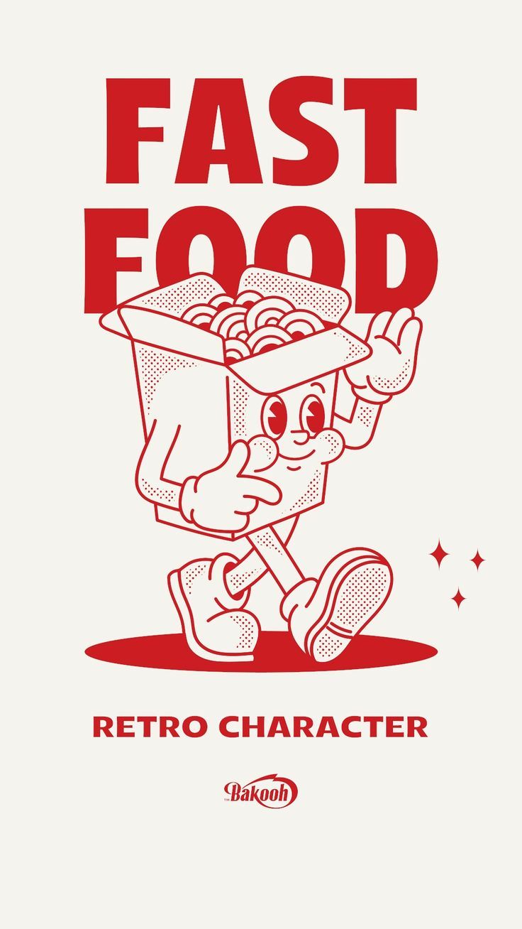 an advertisement for fast food with a cartoon character holding a box and the words,'fast