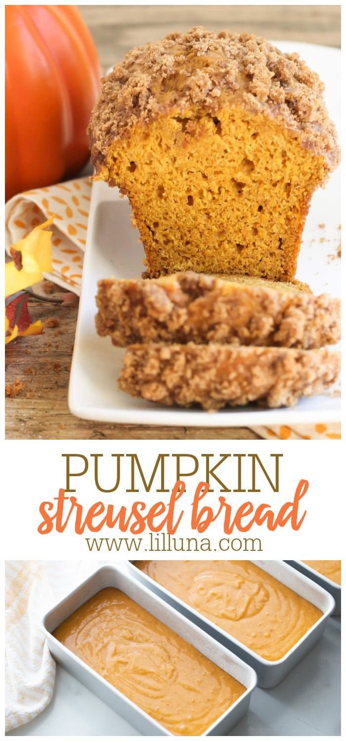 pumpkin streusel bread is cut in half and sitting on a plate