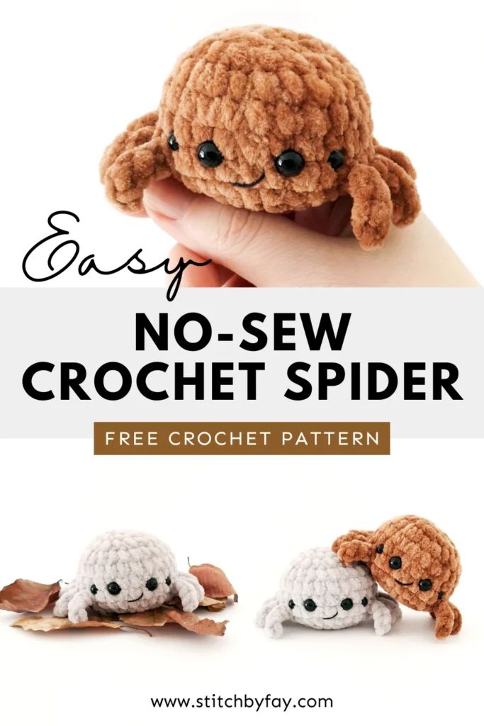 crochet pattern for easy no - sew stuffed spider with text overlay reading easy no - sew crochet spider free crochet pattern