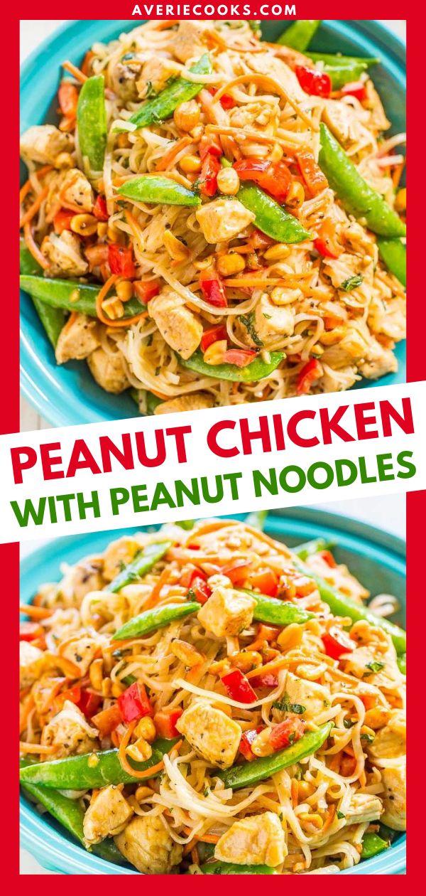 peanut chicken with peanuts noodle salad on a blue plate