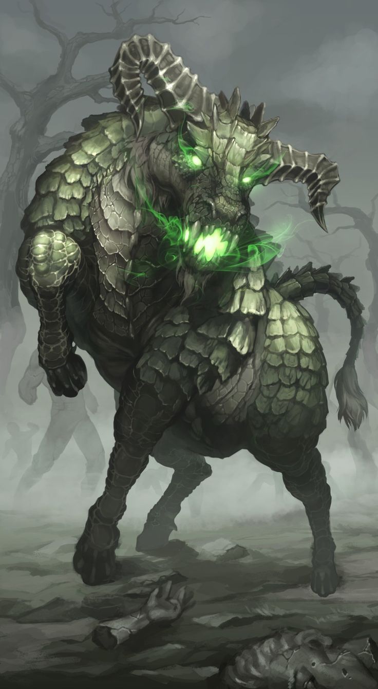 a creature with green eyes and horns on it's back, standing in the middle of