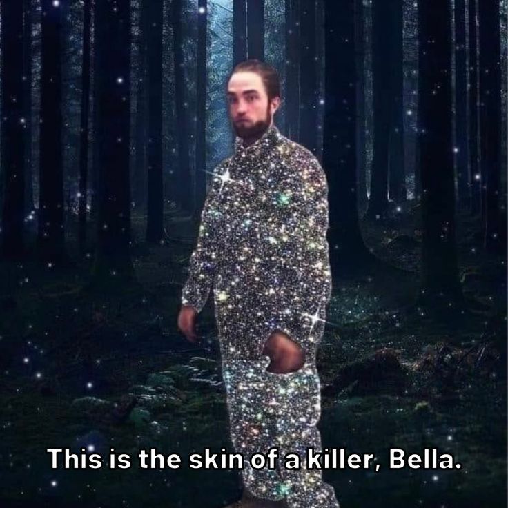 a man is walking through the woods with glitter all over his body