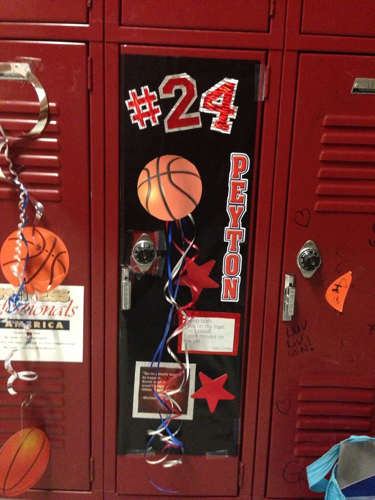 the locker is decorated with basketballs and stars