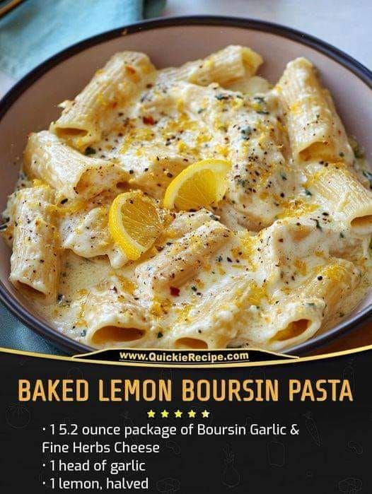 baked lemon bourssin pasta with herbs and cheese in a bowl on a table