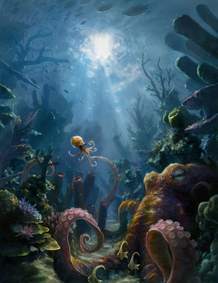 an underwater scene with octopuses and other marine life