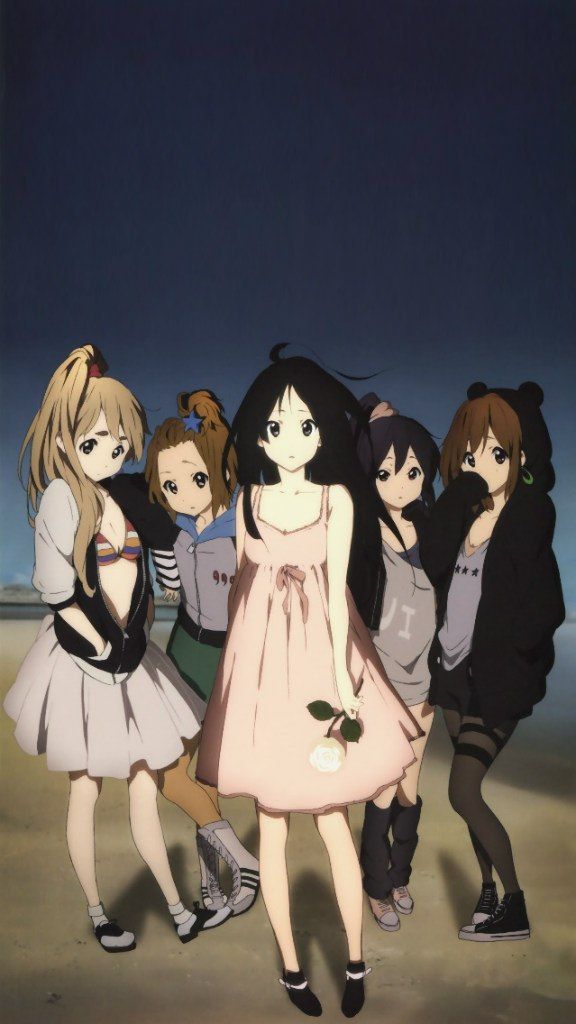 several anime characters are standing together on the beach with their backs turned to the camera