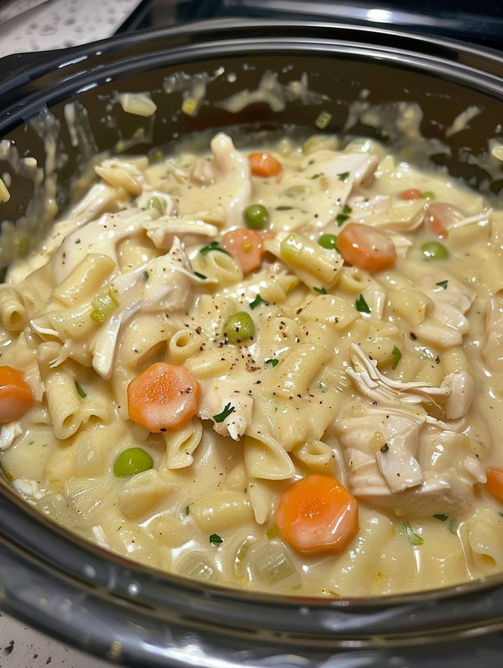 a bowl filled with chicken noodle soup on top of a table