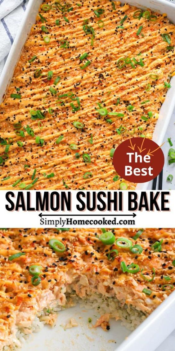 salmon sushi bake in a white casserole dish