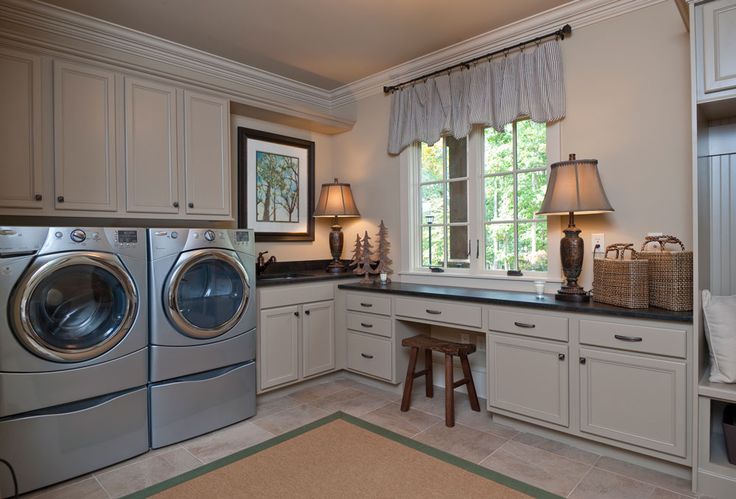 a washer and dryer sitting in a kitchen next to a counter with two lamps on it