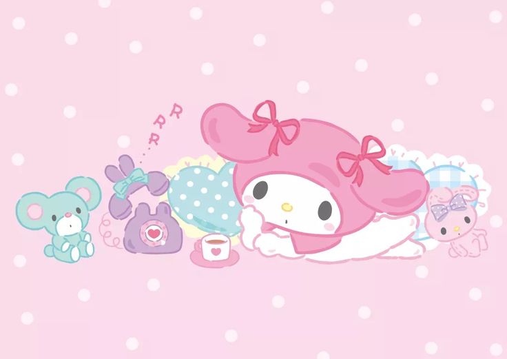 the hello kitty wallpaper is pink with white polka dots and teddy bears on it