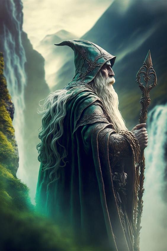 the wizard is holding a staff in front of a waterfall