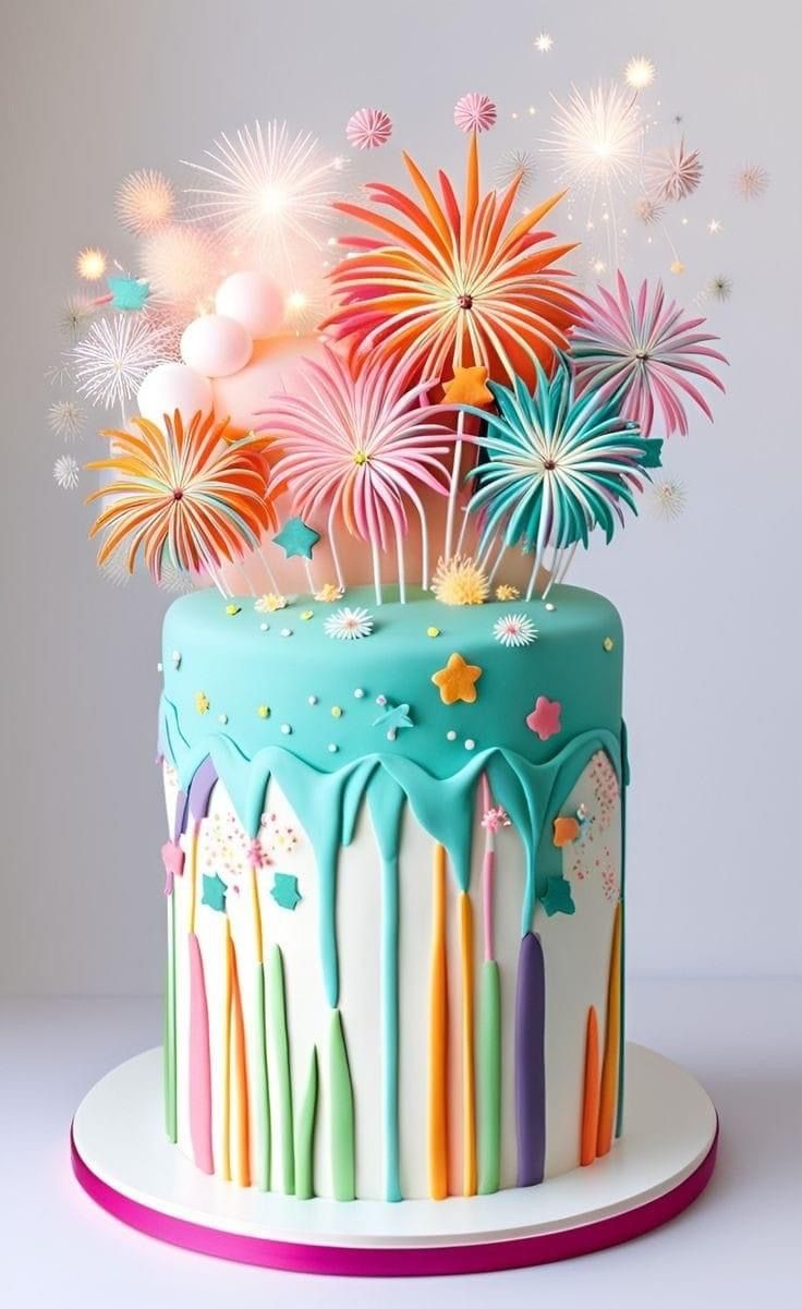 a colorful birthday cake with fireworks on top