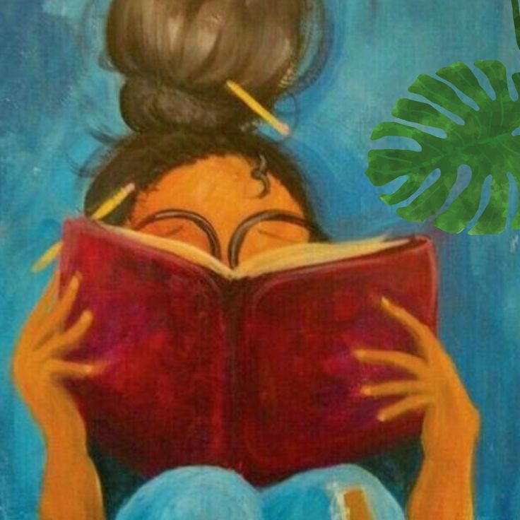 a painting of a woman reading a book with a green plant in the back ground