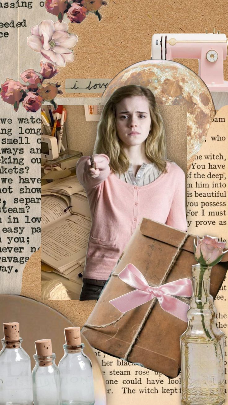 a collage with flowers, books and bottles on the bottom right corner is an image of a young woman holding a gift