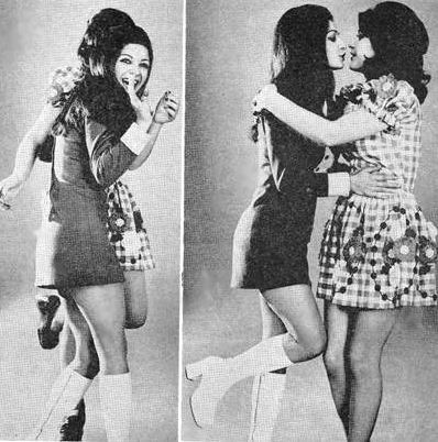 two young women are hugging each other while wearing short skirts and knee high boots in the same photo