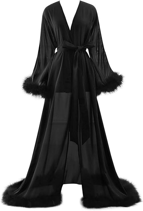 Molisa Sexy Feather Bridal Robes Chiffon Lingerie Nightgown Bathrobe Sleepwear Sheer Long Sleeve Wedding Scarf Dark green+Black XXL at Amazon Women’s Clothing store Fancy Robes, Pijamas Women, Wedding Scarf, Bridal Robe, Wedding Lingerie, Bridal Robes, Mode Outfits, Look Fashion, Night Dress