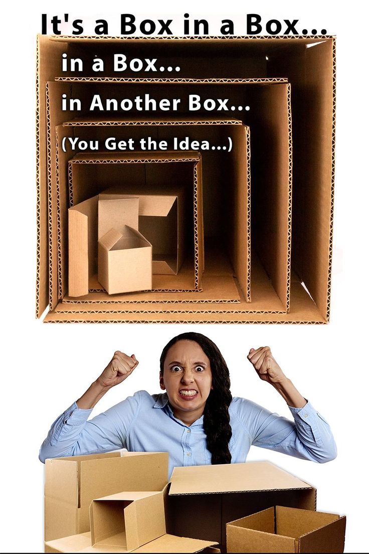 a woman with her hands up in front of boxes that say it's a box in a box in another box you get the idea