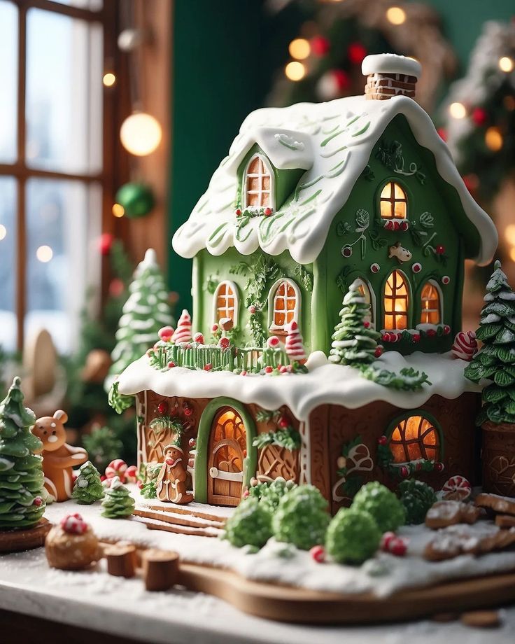 a green gingerbread house decorated with icing and christmas decorations on a table in front of a window