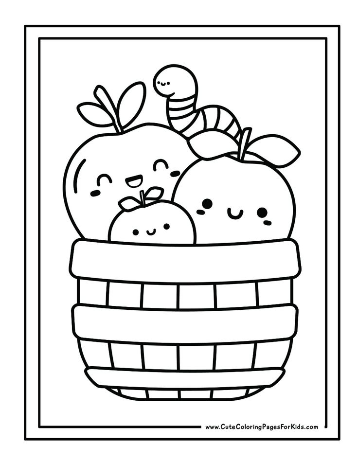 an apple basket with two apples and a bee in it coloring pages for kids, printable