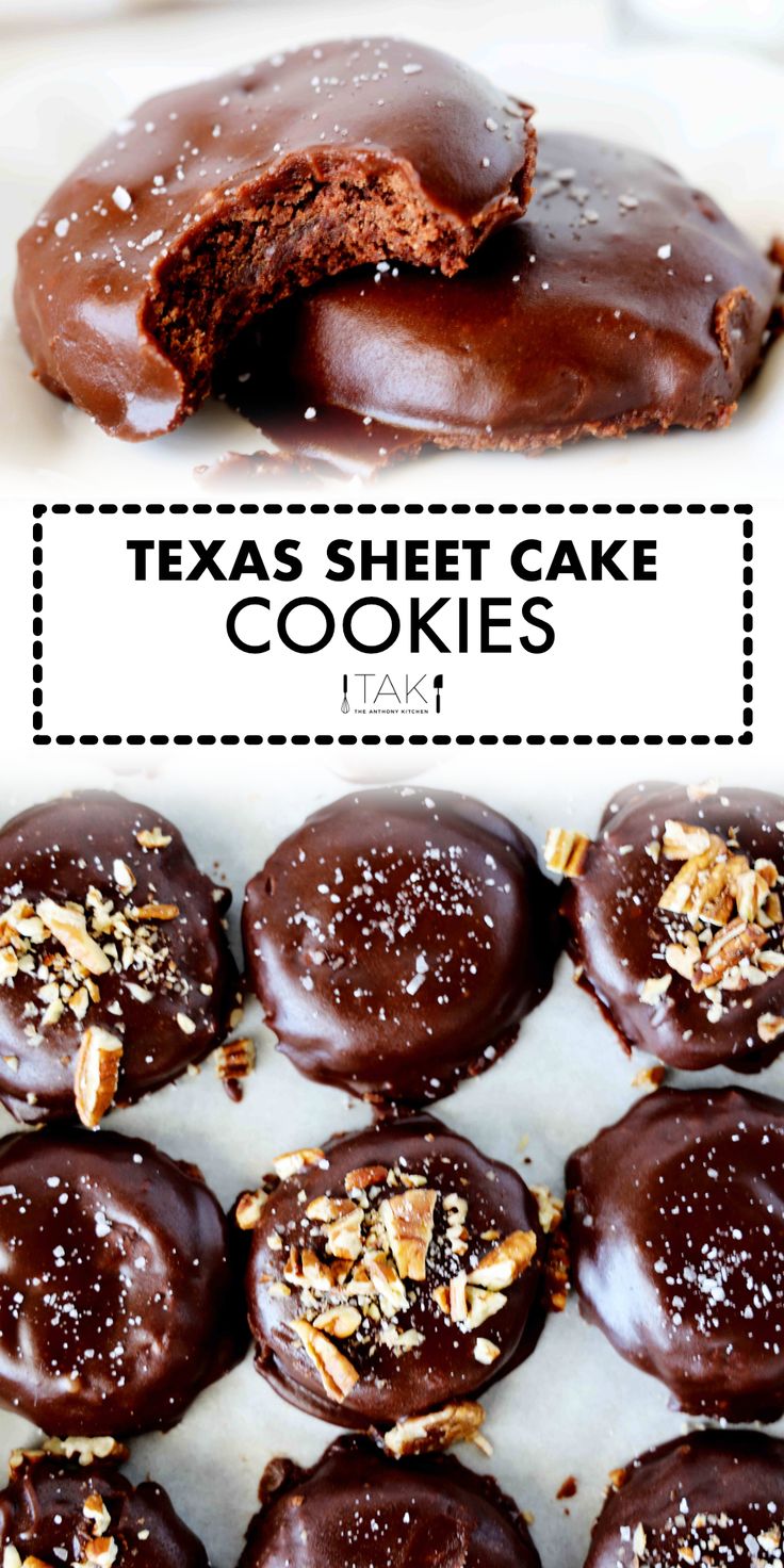 texas sheet cake cookies with chocolate frosting and pecans in the middle on a white plate