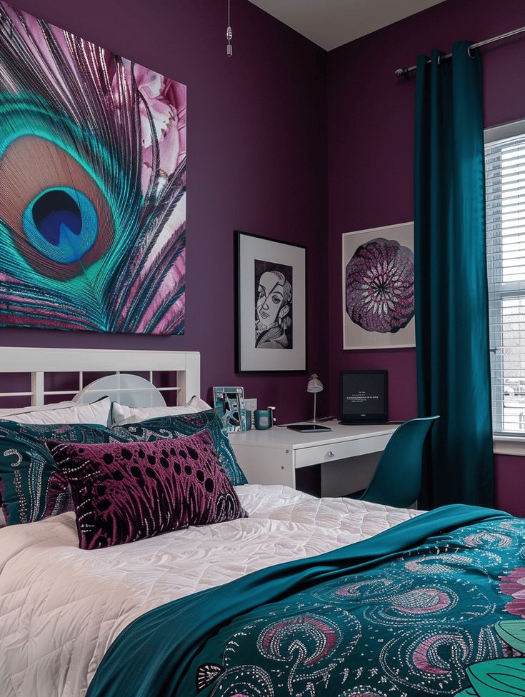 Peacock Bedrooms: A Whimsical Touch of Feathers and Pattern Bedroom With Purple Walls, Bedrooms Purple, Jewel Toned Bedroom Decor, Peacock Room Decor, Purple Themed Bedroom, Jewel Tone Bedroom, Peacock Bedroom, Teal Rooms, Bedroom Turquoise