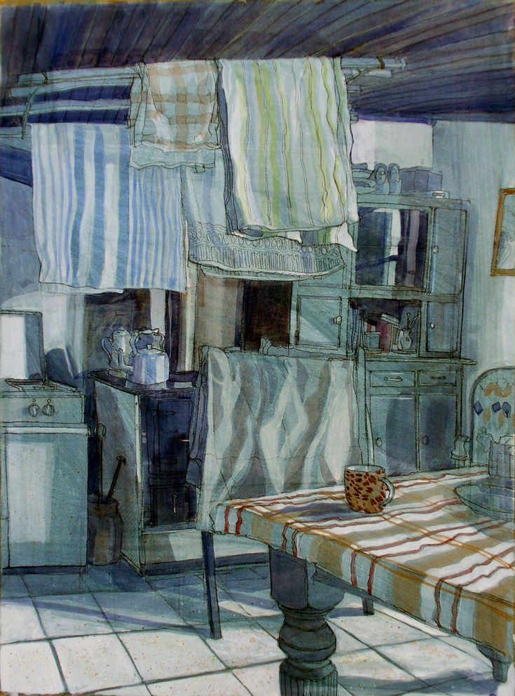 a drawing of a kitchen with an old stove