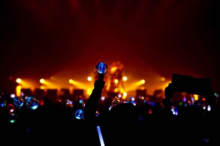 a person holding up a crystal ball in front of an audience at a music concert