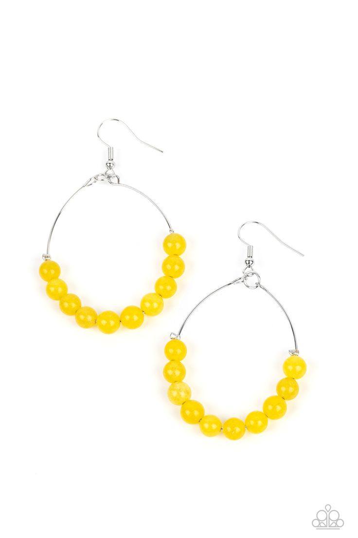 Yellow stones are threaded along dangling silver hoops, evoking a trendy laidback design. Earring attaches to a standard fishhook fitting.

Sold as one pair of earrings. Paparazzi Jewelry Images, Jewelry Catalog, Yellow Earrings, Yellow Stone, Paparazzi Accessories, Beaded Hoop Earrings, Beaded Hoops, Paparazzi Jewelry, Copper Jewelry