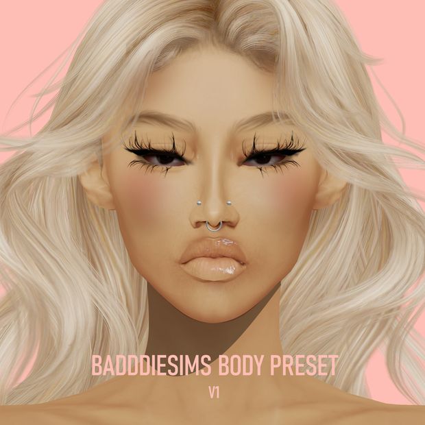 an image of a woman with blonde hair and big lashes on her face that says baddiesism's body preset v1