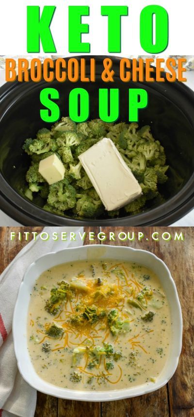 broccoli and cheese soup in a crock pot with text overlay that reads keto broccoli & cheese soup