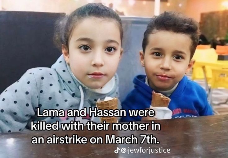 two young children sitting at a table eating ice cream and muffins with the caption lamaa and hassan were killed with their mother in an airstrike on march 7th