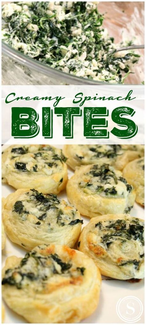 spinach and cheese bites on a plate with text overlay that reads, creamy spinach bites