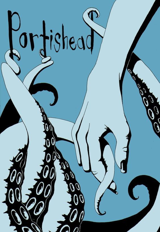 two hands reaching for an octopus in front of the words portishead on a blue background