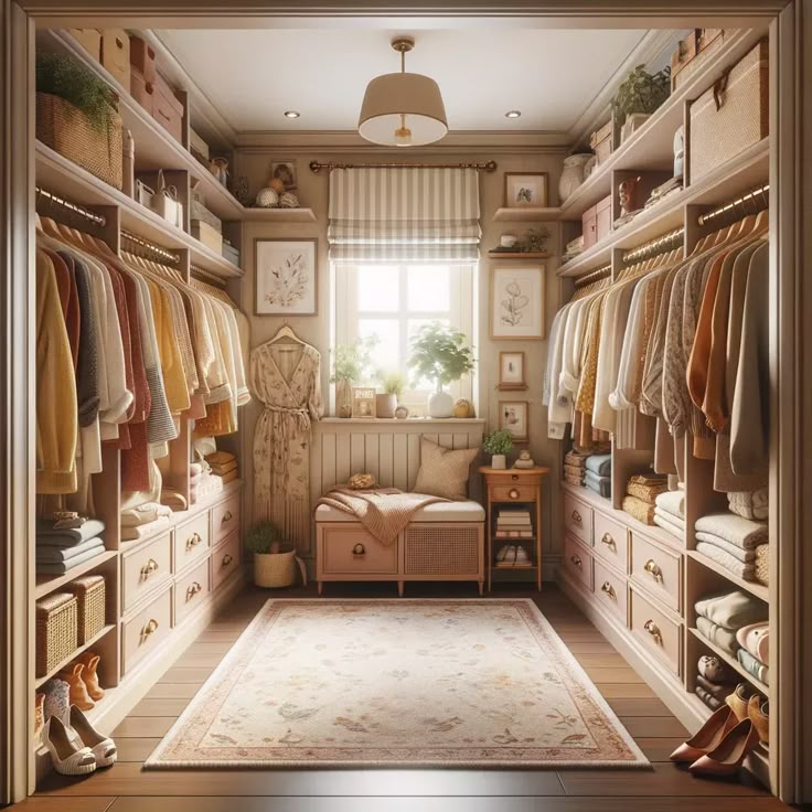 a walk in closet with lots of clothes and shoes on the shelves, next to a window