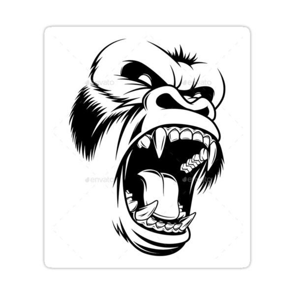 an angry gorilla head with its mouth open